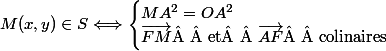 M(x,y)\in S\Longleftrightarrow\begin{cases}MA^2=OA^2\\\vec{FM}\text{  et  }\vec{AF}\text{  colinaires }\end{cases}